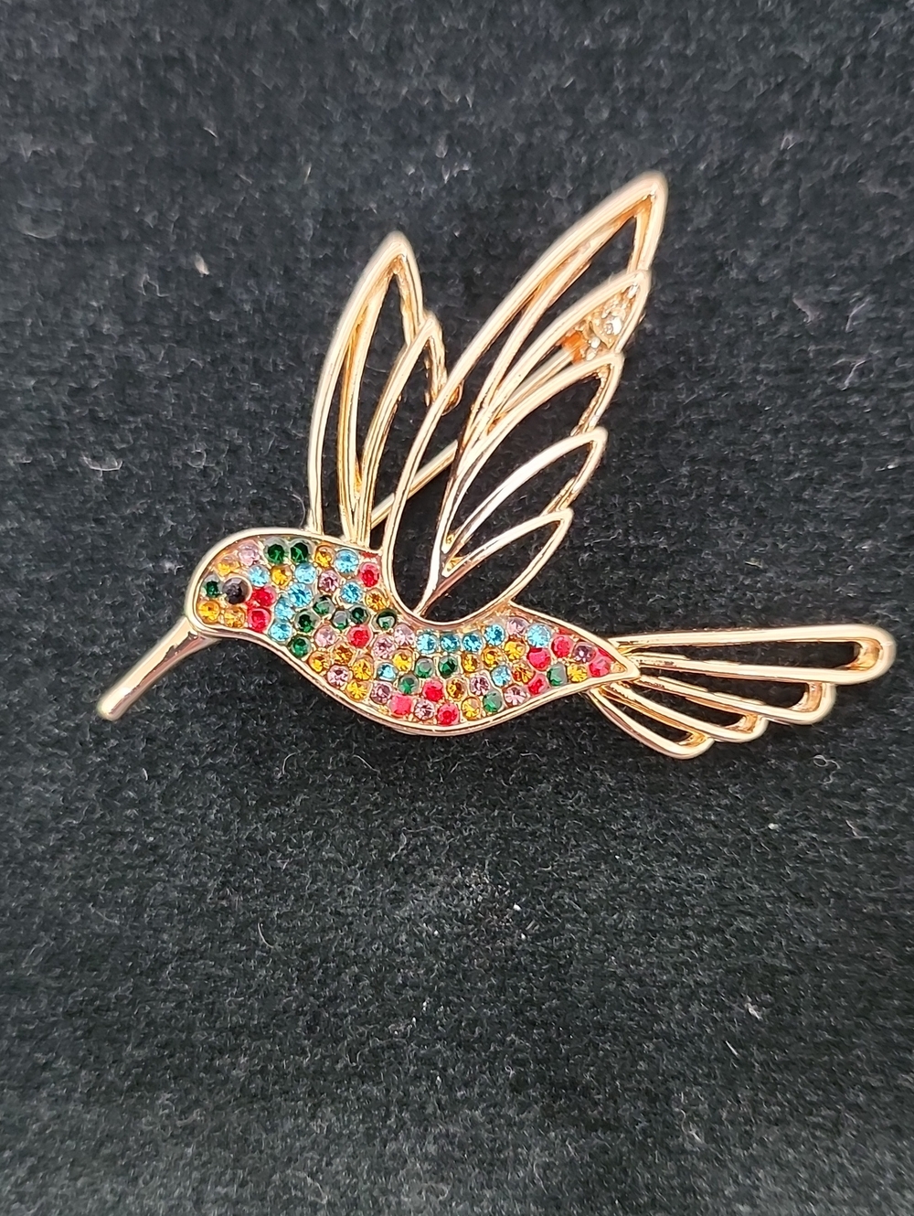 Gold Hummingbird Brooch with Multicolor Crystals
